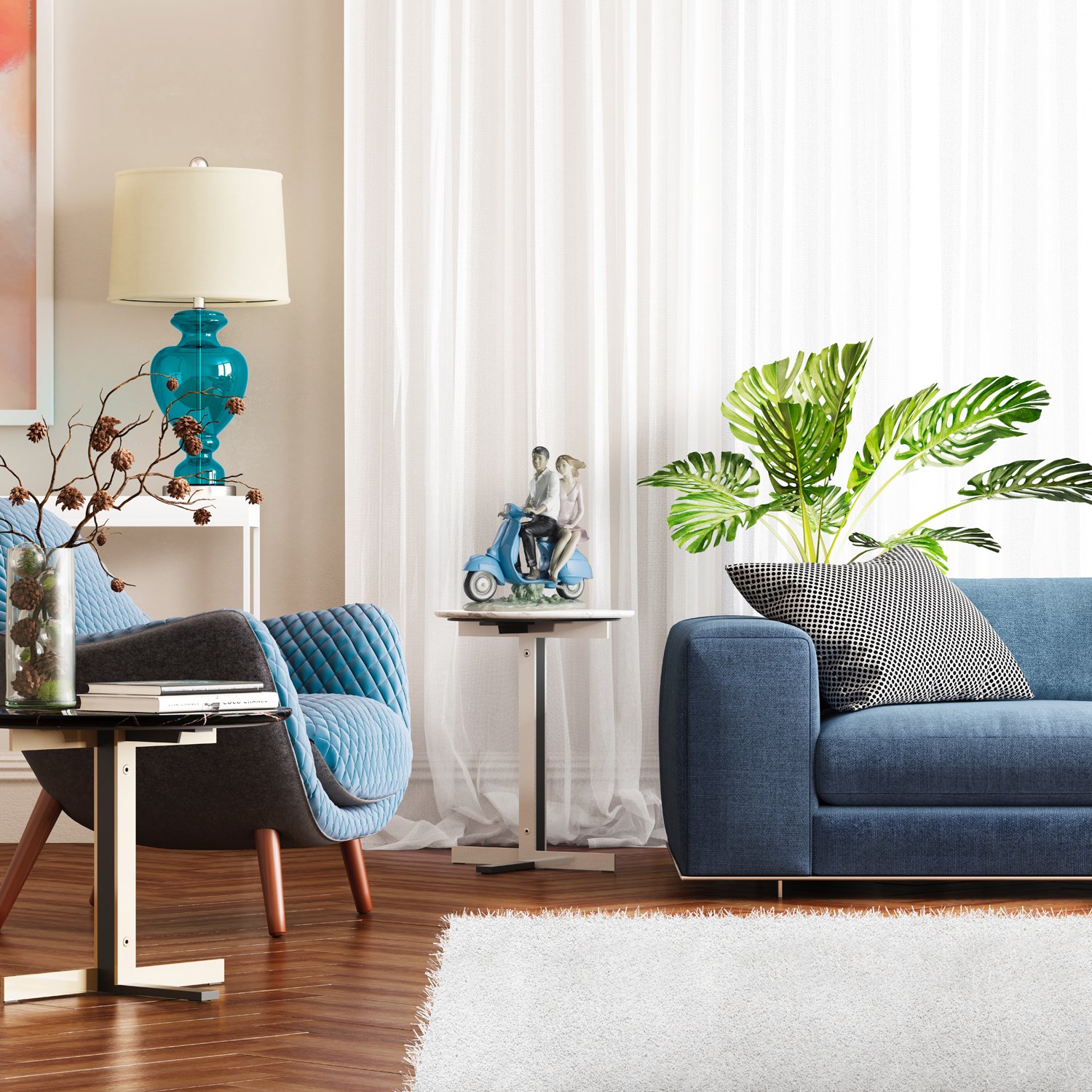 Composición híbrida del proyecto de figuras de cerámica: render de sofas azules en un salon con integracion de foto de una figura de porcelana para catálogo y comunicación visual de producto