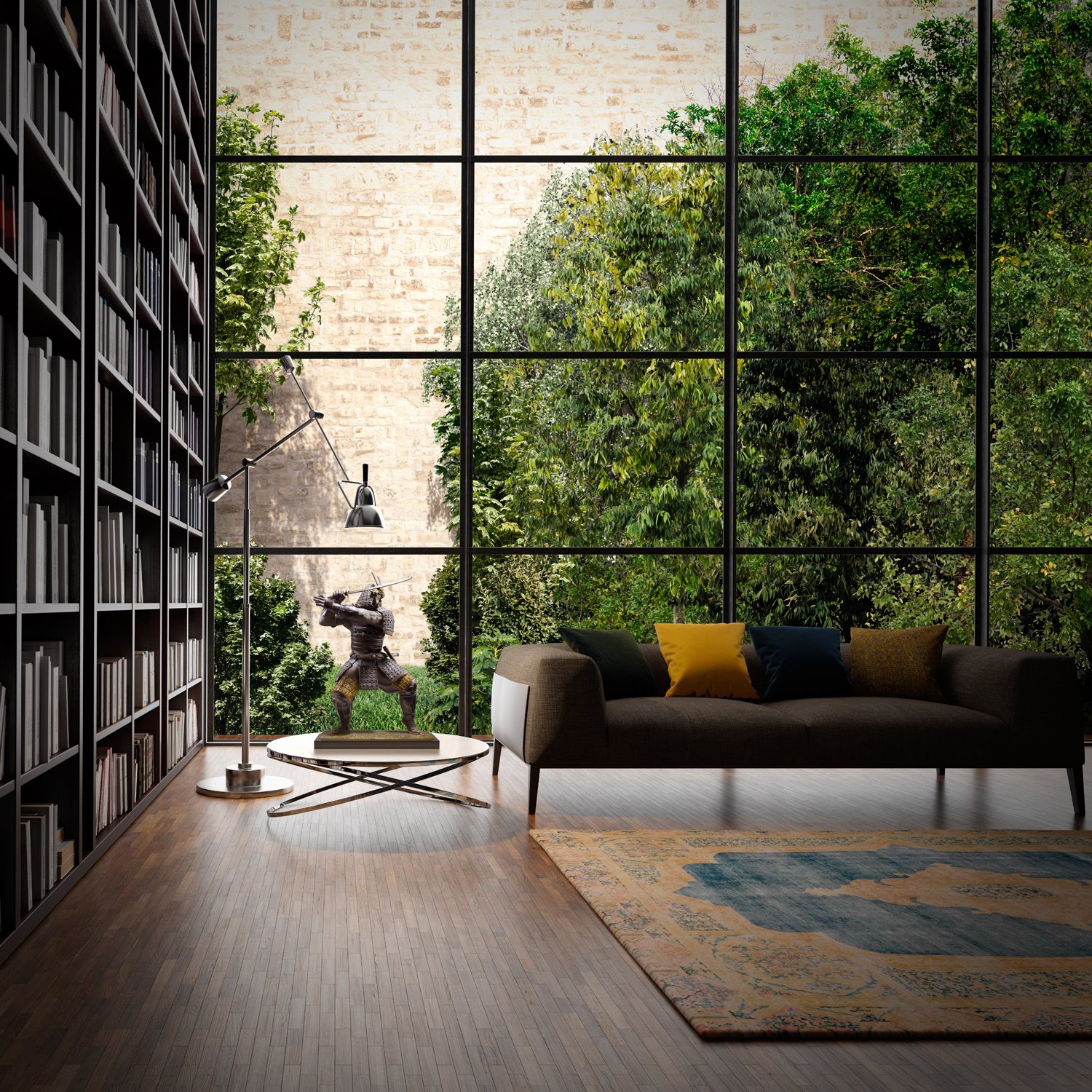 Composición híbrida del proyecto de figuras de cerámica: render de un salon con jardin e integracion de foto de figura de ceramica para catálogo y comunicación visual de producto