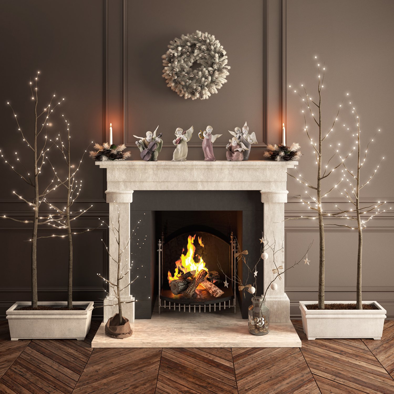 Composición híbrida del proyecto de figuras de cerámica: render de una chimenea en un salon con integracion de fotos de figuras de ceramica para catálogo y comunicación visual de producto