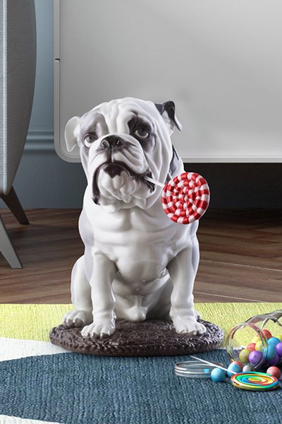 Composición híbrida del proyecto de figuras de cerámica: render final de un salon con integracion de foto de una figura de ceramica de un perro para catálogo y comunicación visual de producto