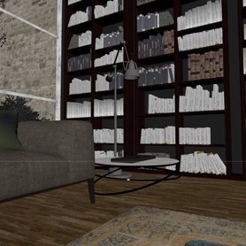 Composición híbrida del proyecto de figuras de cerámica: vista del modelado 3d de una escena de salon detalle de una librería para catálogo y comunicación visual de producto