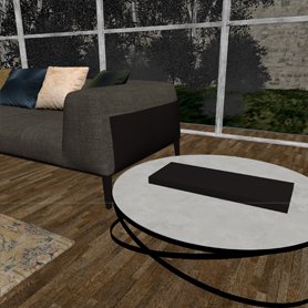 Composición híbrida del proyecto de figuras de cerámica: vista del modelado 3d de una escena de salon detalle de una mesa para catálogo y comunicación visual de producto