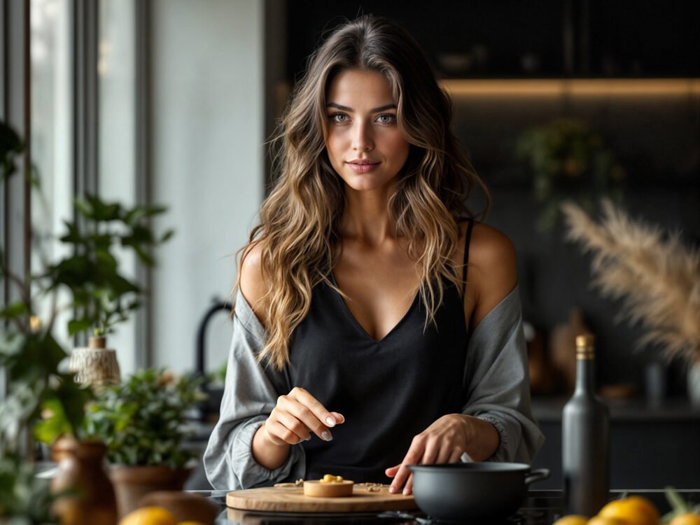 Imagen generada con IA de cocinas: una hermosa mujer cocinando con frutas y verduras para catálogo, web y comunicación visual