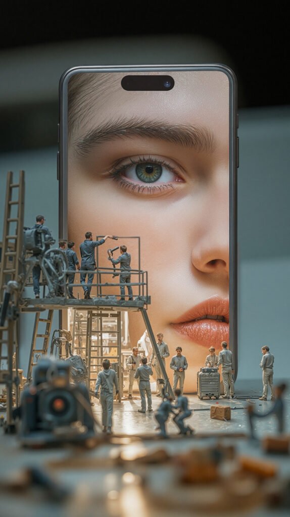 Imagen generada con IA utilizada en la página de inicio de Mimetry: trabajadores en un andamio con herramientas junto a un telefono movil gigante mientras construyen una imagen, ejemplo de creación visual profesional