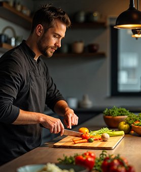 Imagen generada con IA utilizada en la página de inicio de Mimetry: un hombre vestido de negro cortando verduras en una cocina, ejemplo de creación visual profesional
