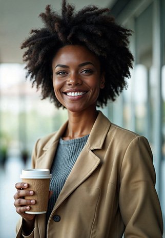 Imagen generada con IA utilizada en la página de inicio de Mimetry: una mujer con chaqueta marron sosteniendo un café en la mano miestras sonrie en el pasillo de una oficina moderna, ejemplo de creación visual profesional