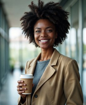Imagen generada con IA utilizada en la página de inicio de Mimetry: una mujer con chaqueta marron sosteniendo un café en la mano miestras sonrie en el pasillo de una oficina moderna, ejemplo de creación visual profesional