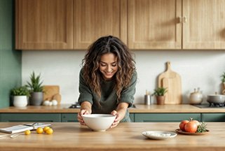 Imagen generada con IA utilizada en la página de inicio de Mimetry: una mujer con un bol de ceramica blanco en una cocina de madera, ejemplo de creación visual profesional