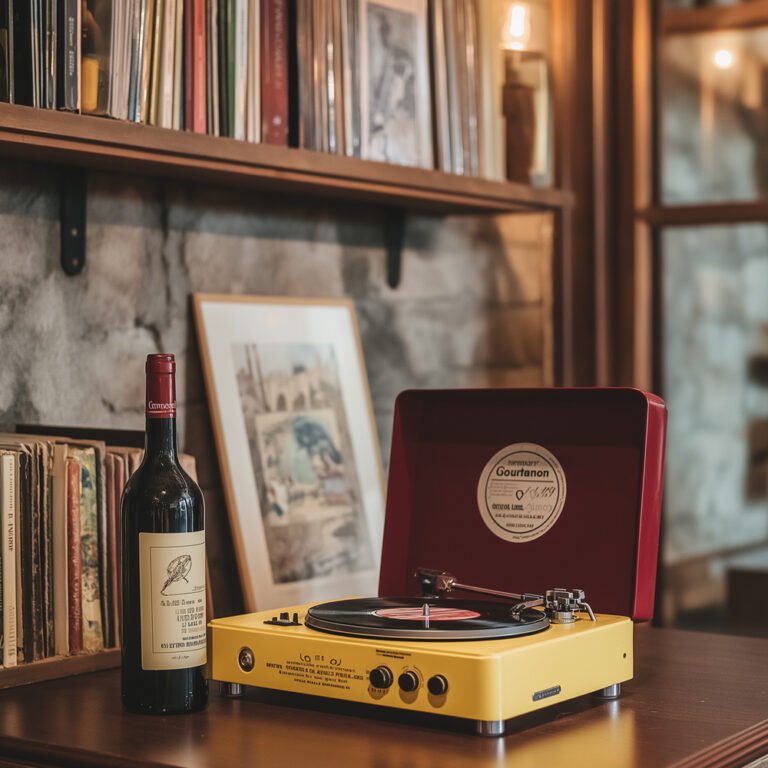 imagen ia mas render de packaging: una botella de vino tinto junto a un tocadiscos vintage para catálogo, e-commerce y publicidad