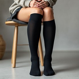 Imagen generada con IA del proyecto de calcetines: mujer sentada en un taburete con calcetines negros para e-commerce y comunicación visual de producto