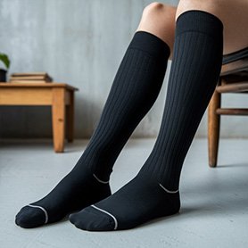 Imagen generada con IA del proyecto de calcetines: mujer sentada en una silla con calcetines negros para e-commerce y comunicación visual de producto