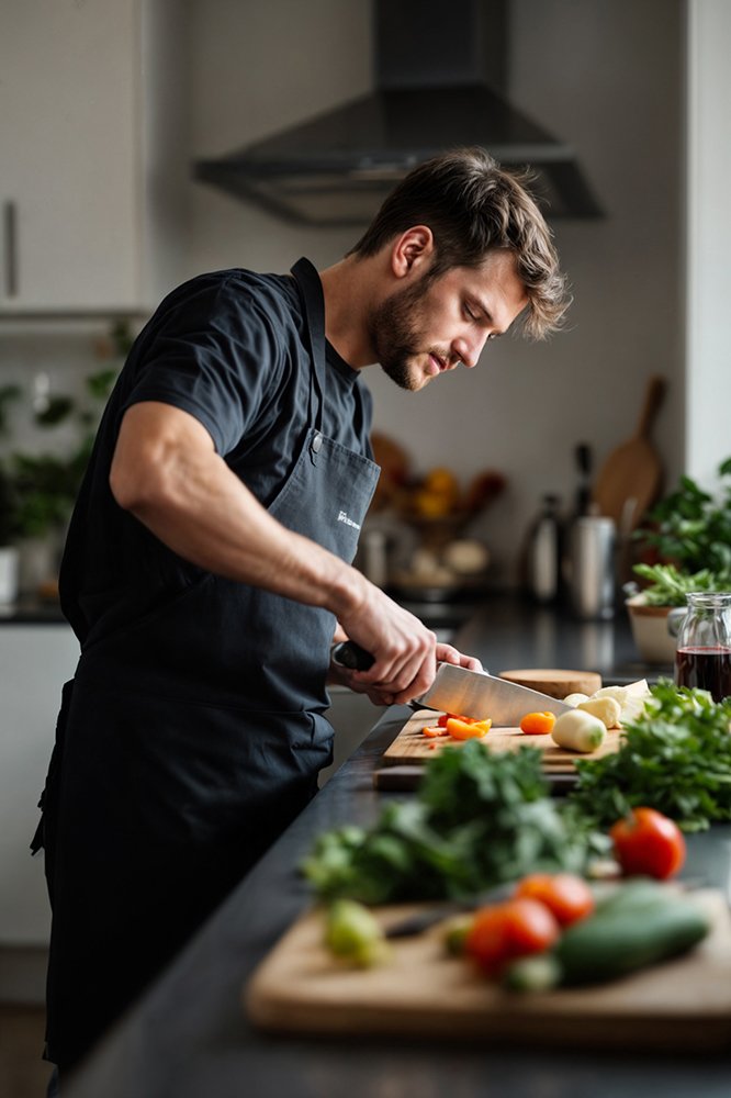 Imagen generada con IA del proyecto de cocinas con IA: un hombre vestido de negro cortando verduras en una cocina moderna para comunicación visual y campañas digitales