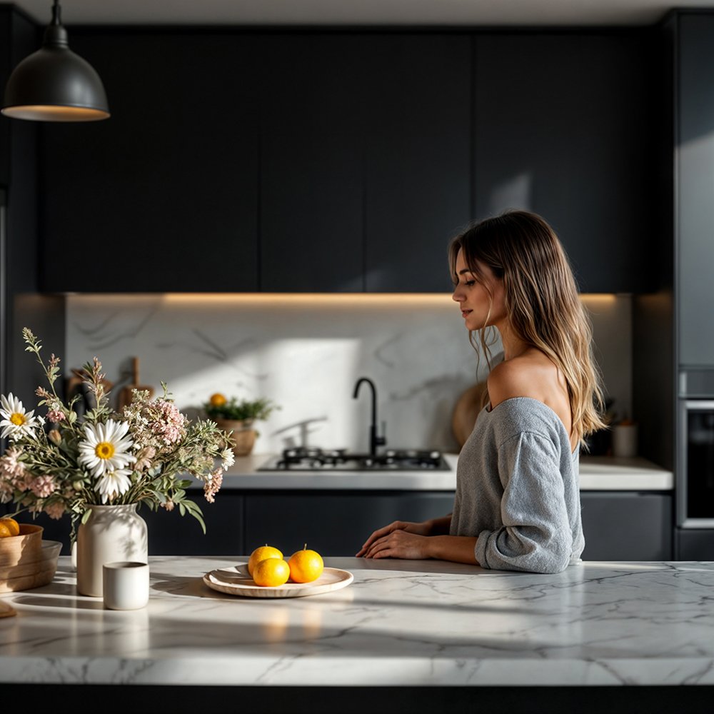Imagen generada con IA del proyecto de cocinas con IA: una mujer pensativa en una cocina negra para comunicación visual y campañas digitales