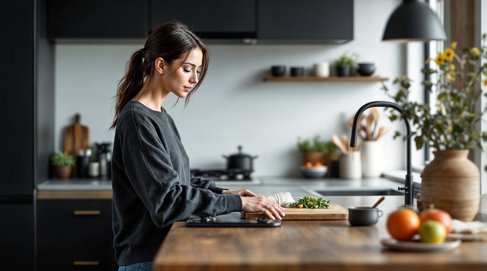 Imagen generada con IA del proyecto de cocinas con IA: una mujer vestida de negro en una cocina moderna para comunicación visual y campañas digitales