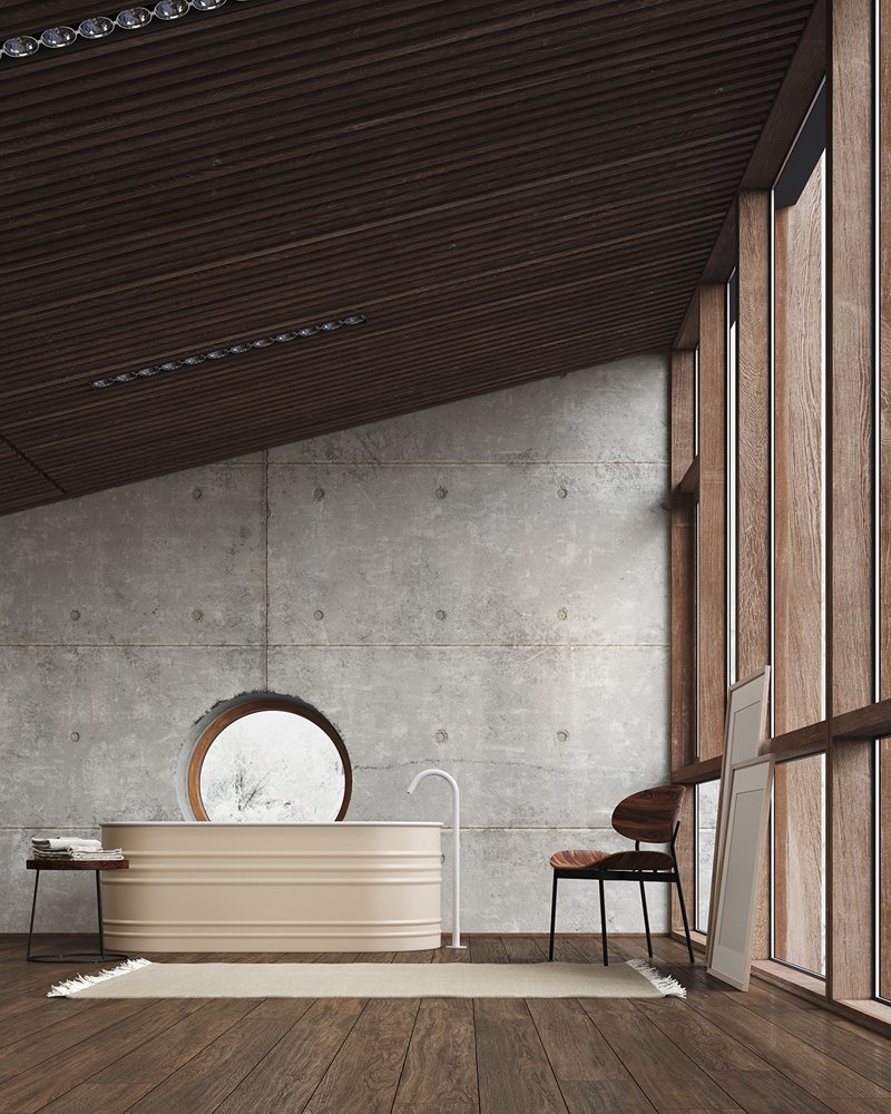 Render 3D de baños: bañera metalica color beige en un baño con suelo de madera y pared de hormigon para catálogo, web y comunicación visual