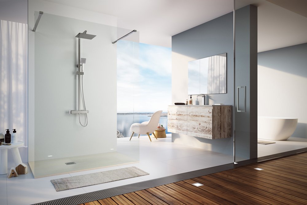 Render 3D de baños: baño moderno con vistas al mar para catálogo, web y comunicación visual