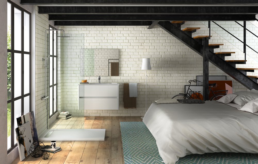 Render 3D de baños: baño moderno unido a un dormitorio con paredes de ladrillo blanco para catálogo, web y comunicación visual