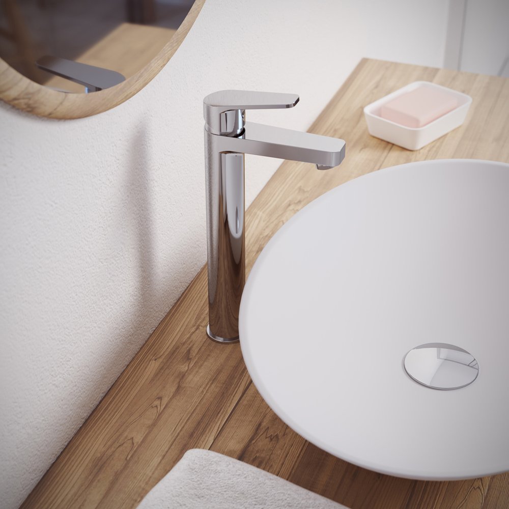 Render 3D de baños: detalle de cerca de lavabo blanco y grifo de acero alto para catálogo, web y comunicación visual