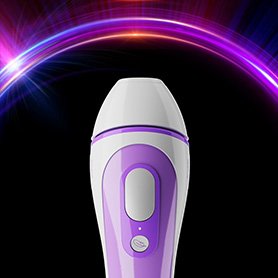 Render 3D del proyecto Braun: imagen publicitaria de depiladora de luz pulsada violeta sobre fondo arcoiris para comunicación publicitaria y presentación de producto