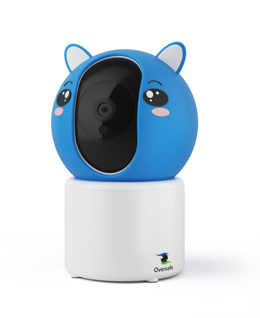 Render 3D de producto: camara vigilancia infantil azul sobre fondo blanco, creada para catálogo, e-commerce y comunicación visual
