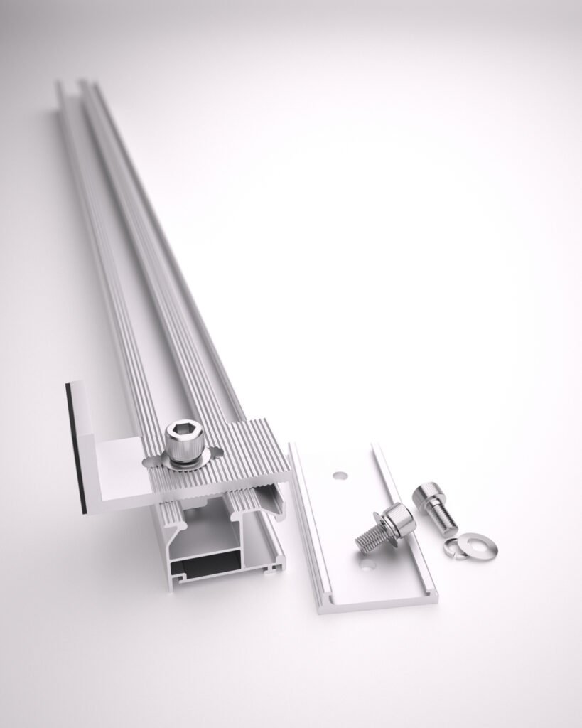 Render 3D de producto: carriles y tornillos de herraje de instalacion de placas solares sobre fondo blanco, creada para catálogo, e-commerce y comunicación visual