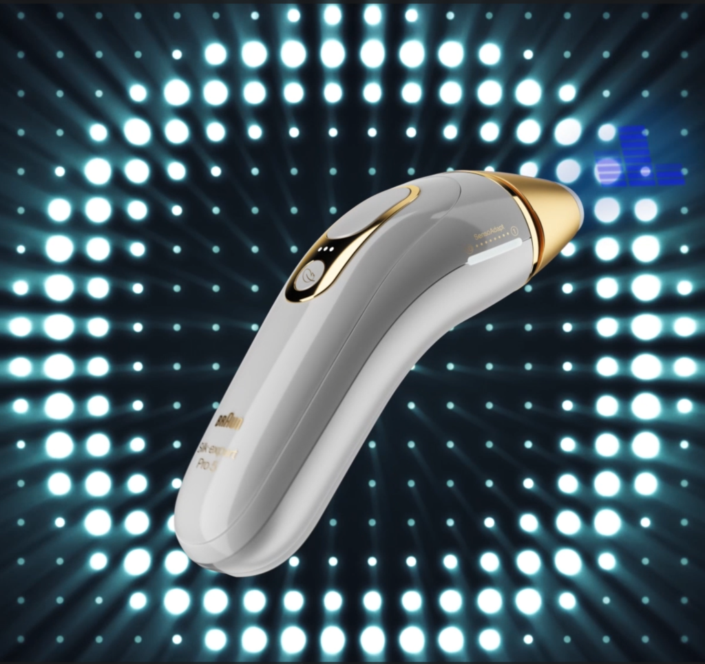 Render 3D de producto: depiladora de luz pulsada sobre fondo disco azul, creada para catálogo, e-commerce y comunicación visual