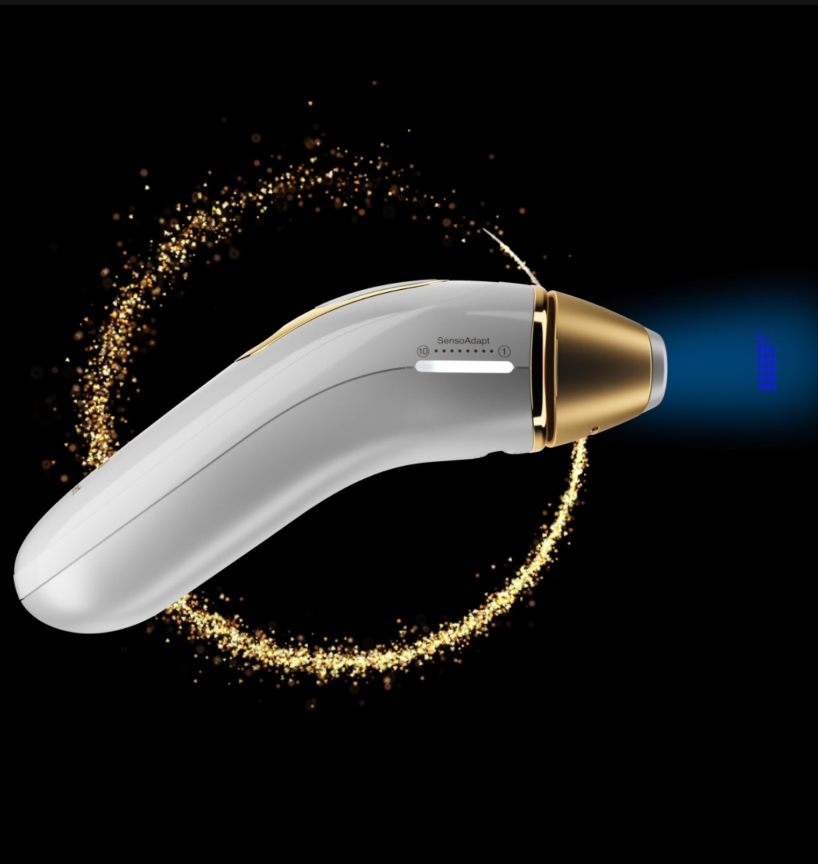 Render 3D de producto: depiladora de luz pulsada sobre fondo negro con circulo de estrellas, creada para catálogo, e-commerce y comunicación visual