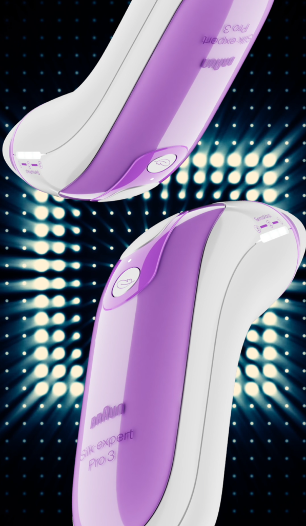 Render 3D de producto: depiladora de luz pulsada violeta sobre fondo disco cuadrado, creada para catálogo, e-commerce y comunicación visual