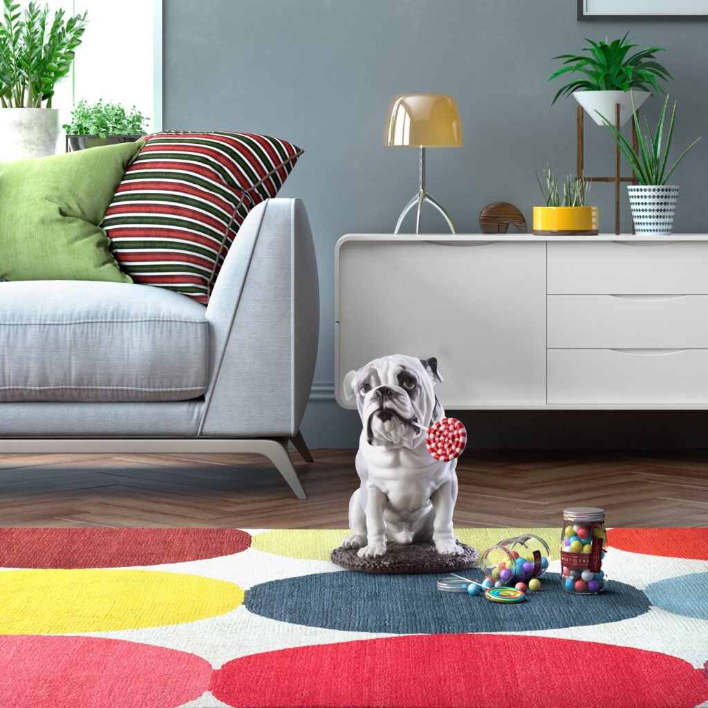 Render 3D de producto: figura de ceramica de un perro sobre una alfombra en un salon moderno, creada para catálogo, e-commerce y comunicación visual