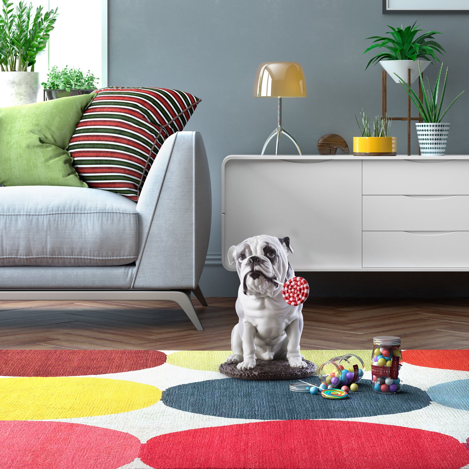 Render 3D de producto: figura de ceramica de un perro sobre una alfombra en un salon moderno, creada para catálogo, e-commerce y comunicación visual
