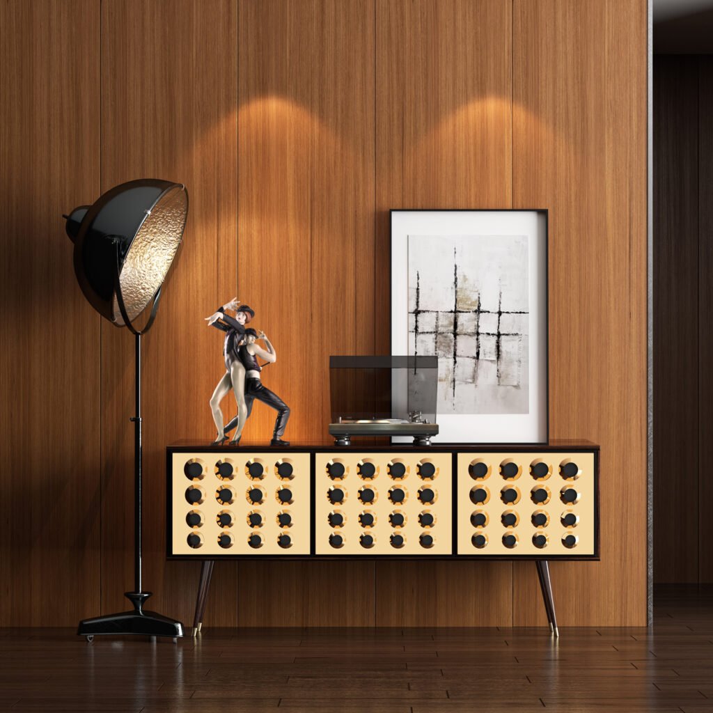 Render 3D de producto: figura de ceramica sobre un aparador en un salon moderno con paredes de madera, creada para catálogo, e-commerce y comunicación visual