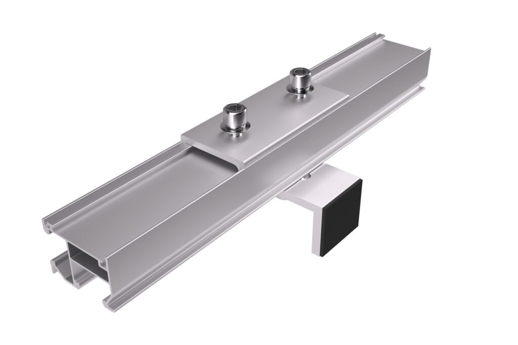 Render 3D de producto: guia de soporte e instalacion de placas solares sobre fondo blanco, creada para catálogo, e-commerce y comunicación visual