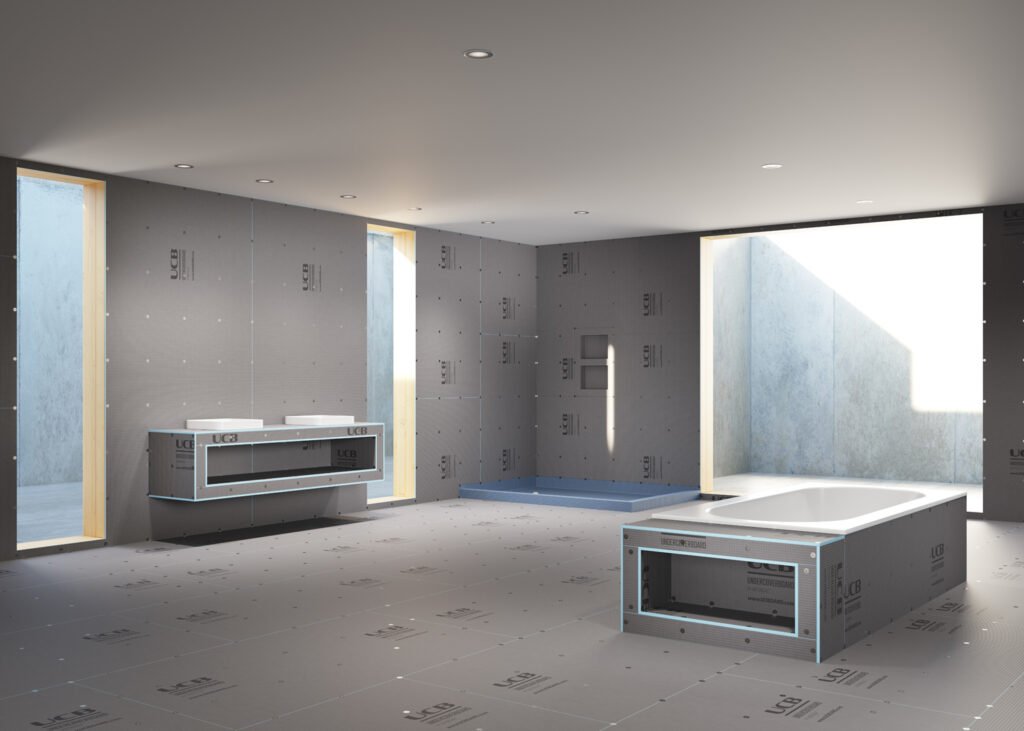 Render 3D de producto: imagen tecnica de construccion de un baño con planchas aislantes, creada para catálogo, e-commerce y comunicación visual