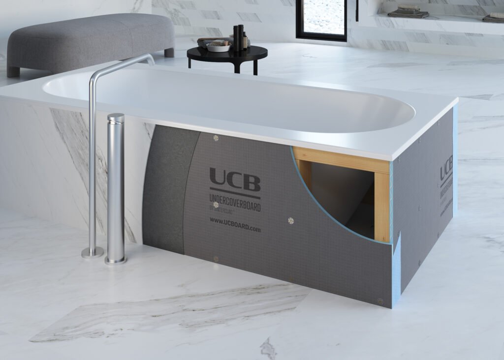 Render 3D de producto: imagen tecnica de construccion de una estructura para bañera con planchas aislantes, creada para catálogo, e-commerce y comunicación visual