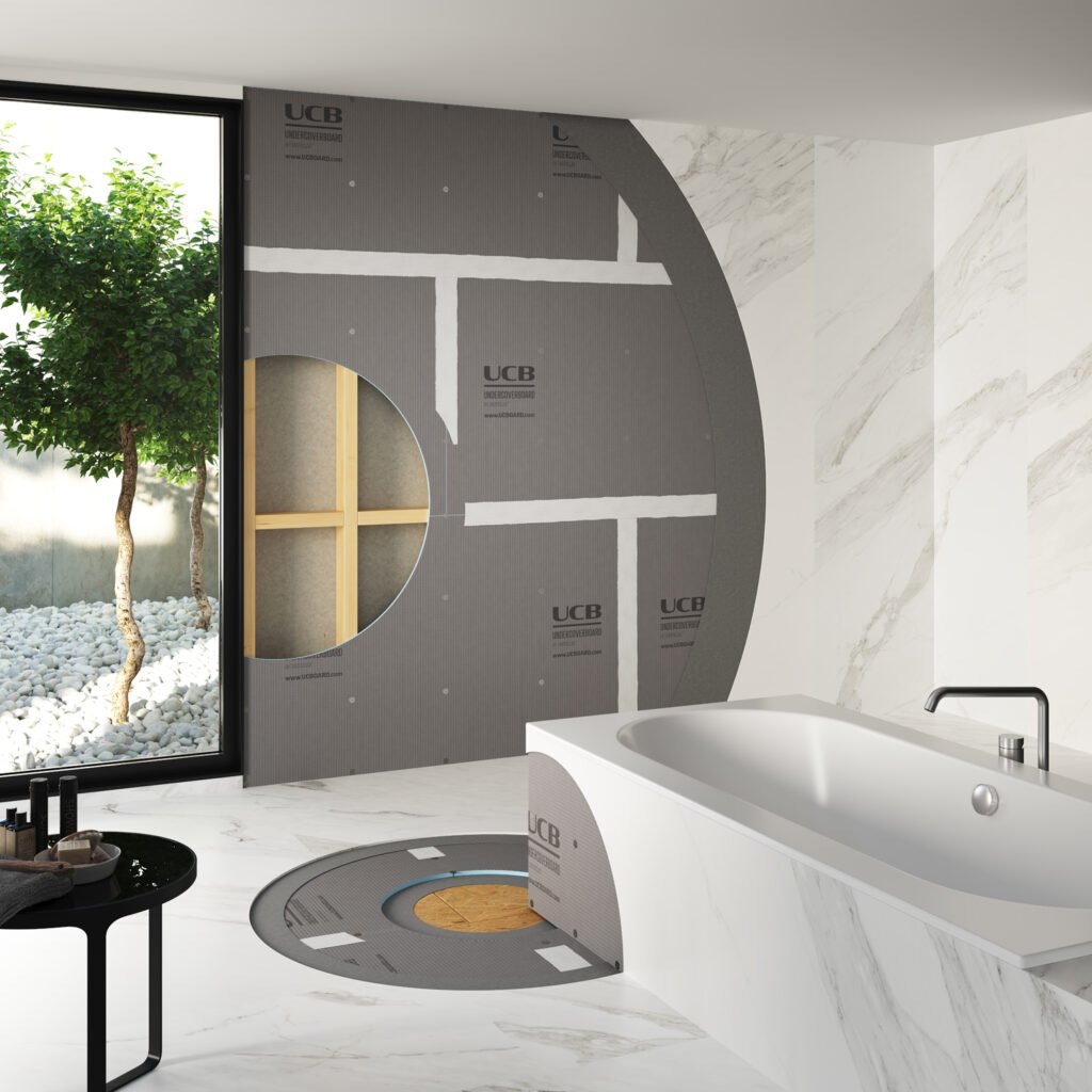 Render 3D de producto: imagen tecnica de instalacion de planchas aislantes en un baño con estructura de madera, creada para catálogo, e-commerce y comunicación visual