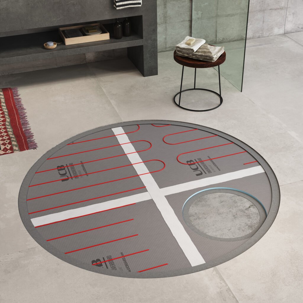 Render 3D de producto: imagen tecnica de instalacion de suelo radiante y planchas aislantes en una estructura de hormigon, creada para catálogo, e-commerce y comunicación visual