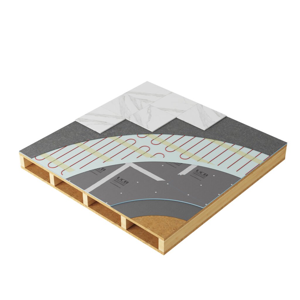 Render 3D de producto: imagen tecnica de instalacion de un suelo radiante sobre planchas aislantes en cimientos de madera, creada para catálogo, e-commerce y comunicación visual
