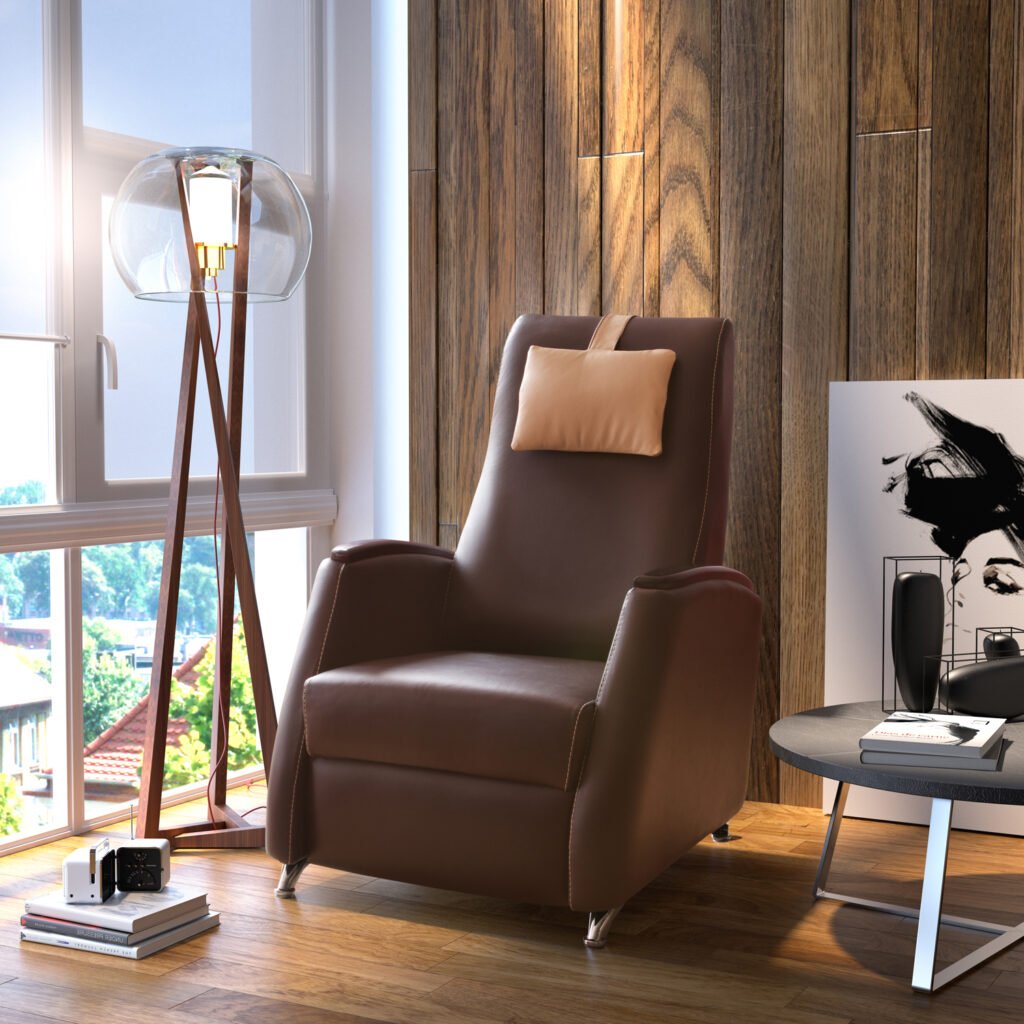 Render 3D de producto: sillon de piel marron en un salon con suelo y paredes de madera, creada para catálogo, e-commerce y comunicación visual