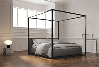 Render 3D utilizada en la página de inicio de Mimetry: una cama de madera moderna con dosel en un dormitorio con suelo de madera, ejemplo de creación visual profesional