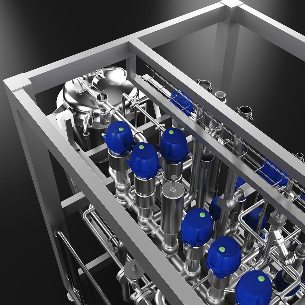 Render 3D de maquinaria industrial: maquina industrial sobre fondo negro vista detalle de cerca para catálogo, documentación técnica y comunicación visual