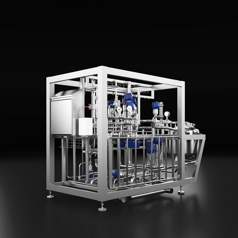 Render 3D de maquinaria industrial: maquina industrial sobre fondo negro vista trasera para catálogo, documentación técnica y comunicación visual