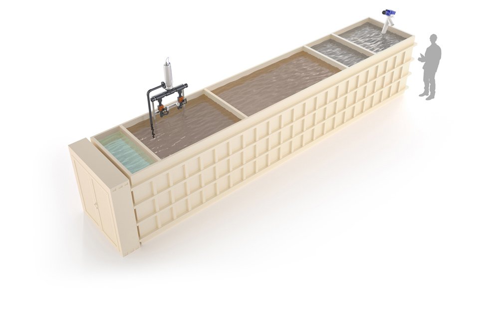 Render 3D de maquinaria industrial: modulo de filtracion de agua por membranas color beige para catálogo, documentación técnica y comunicación visual