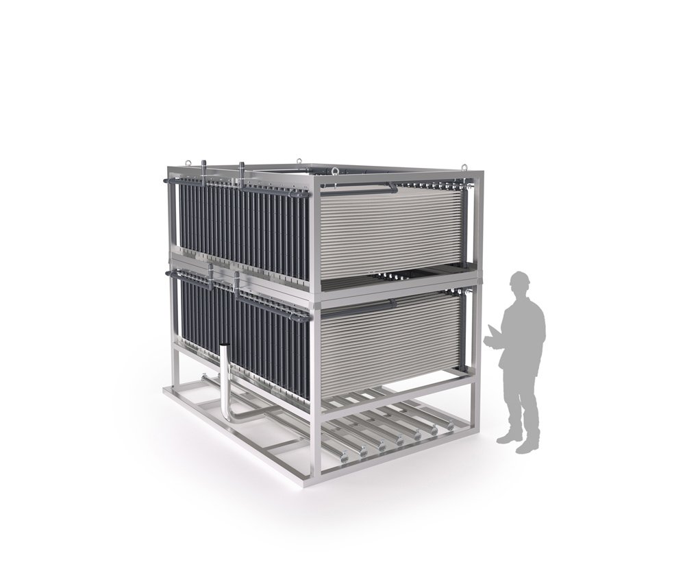 Render 3D de maquinaria industrial: modulo doble de membranas para catálogo, documentación técnica y comunicación visual