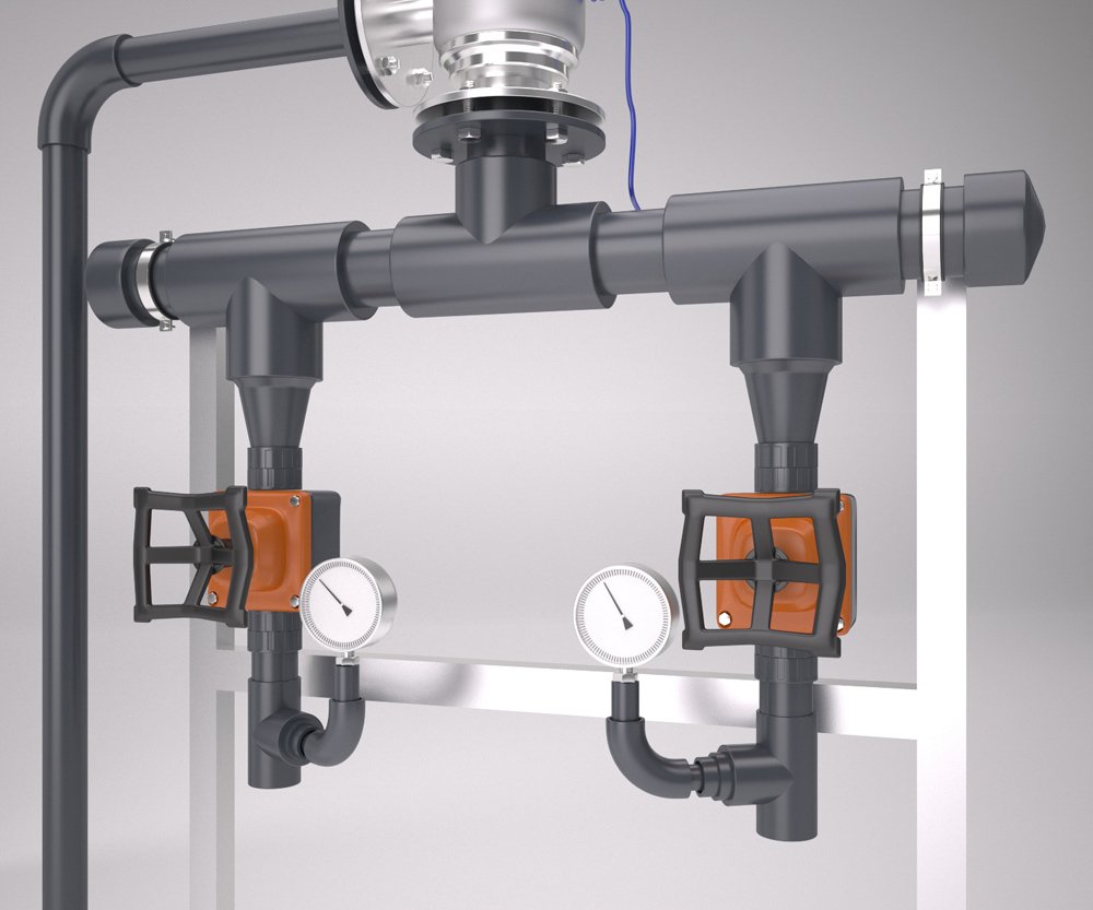 Render 3D de maquinaria industrial: modulo industrial de tuberias con grifo para catálogo, documentación técnica y comunicación visual
