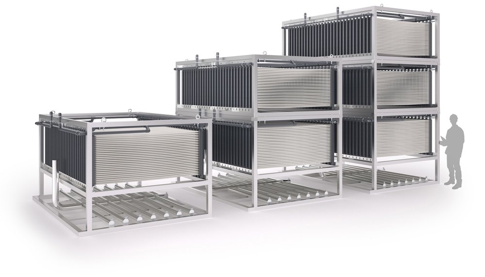 Render 3D de maquinaria industrial: modulo multiple de membranas para catálogo, documentación técnica y comunicación visual