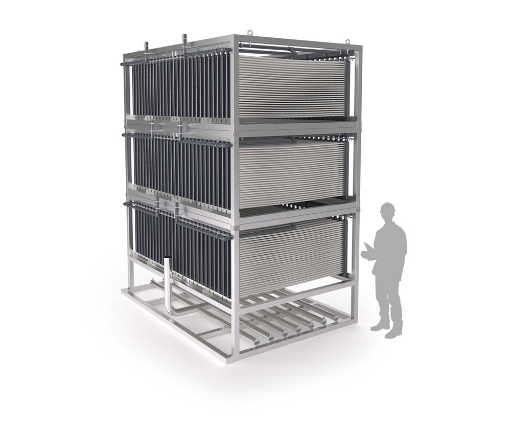 Render 3D de maquinaria industrial: modulo triple de membranas para catálogo, documentación técnica y comunicación visual