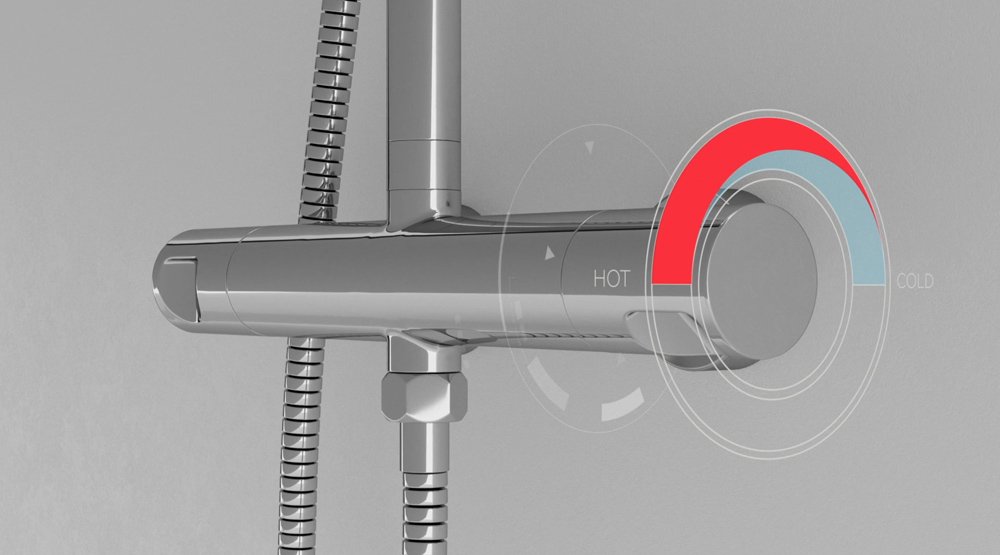 Render 3D de maquinaria industrial: sistema de circulacion de agua caliente en grifo ducha para catálogo, documentación técnica y comunicación visual