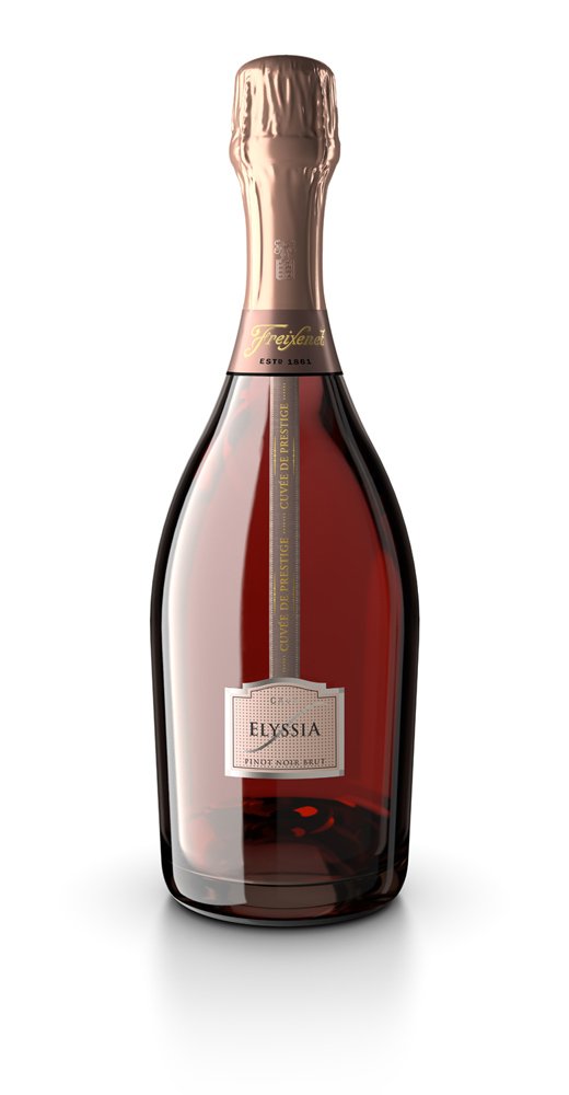 Render 3D de packaging: una botella de cava con etiqueta y capsula rosadas para catálogo, e-commerce y publicidad