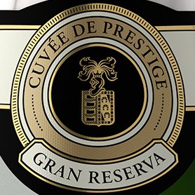 Render 3D del proyecto de botellas de cava: detalle de calidad de materiales en botellas de cava escudo impreso en tintas metalicas para validación de diseño, catálogo y comunicación de marca