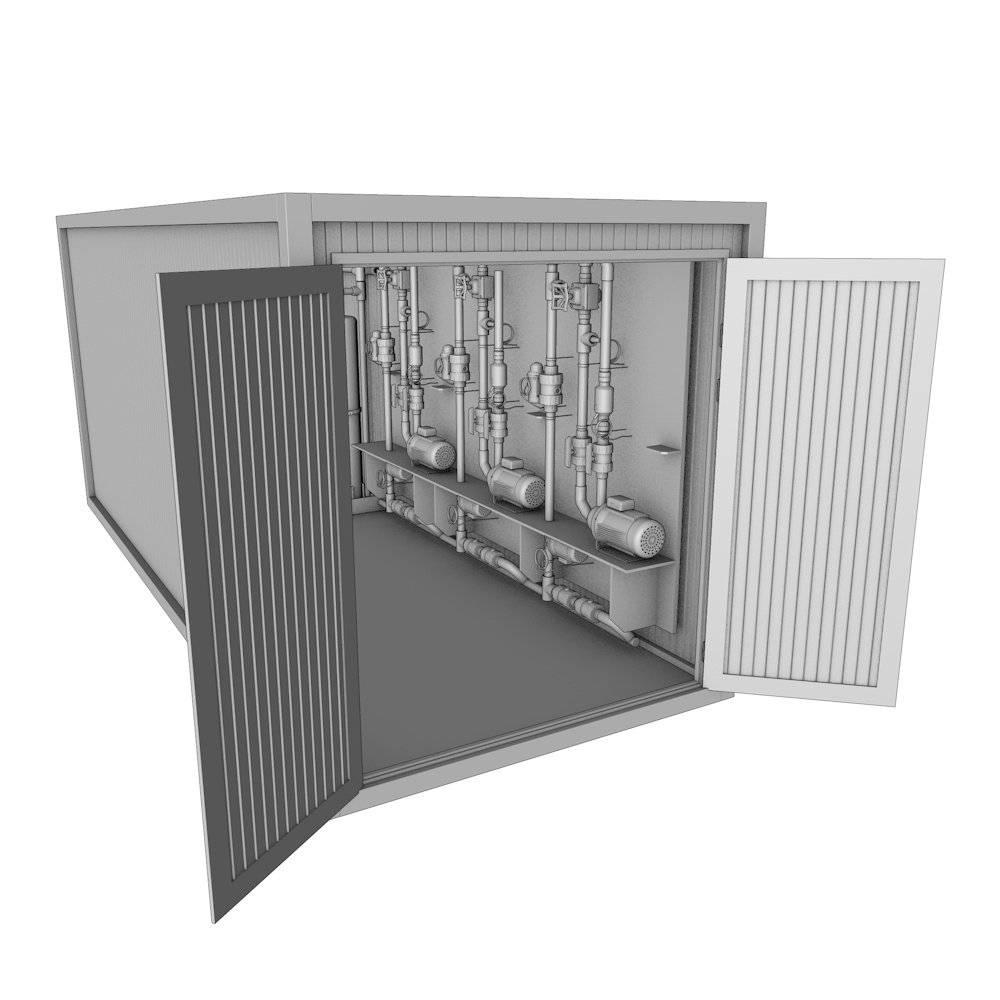 Render 3D industrial del proyecto industrial: modelado 3d vista de un panel de control dentro de un contenedor para comunicación técnica, catálogo y marketing B2B